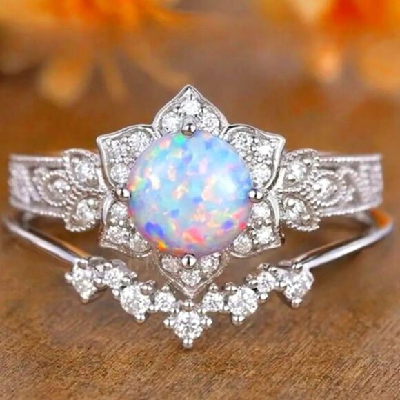 Elegant Silver Opal Diamond Ring Set Sz 6 - Picture 1 of 7